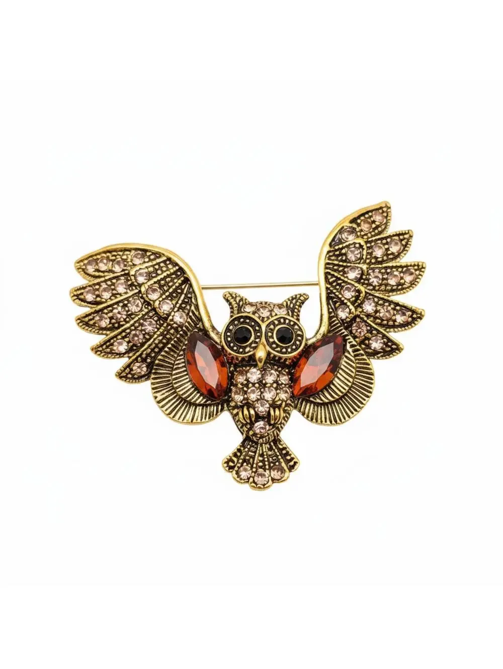 Gold-Tone Owl Brooch with Amber and Clear Rhinestones